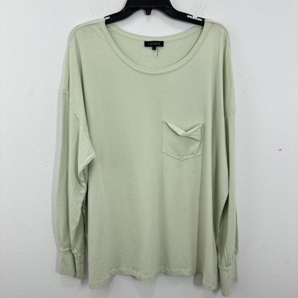 1.State Pastel Mint Green Cotton Long Sleeve Top with Pocket Round Neck Casual